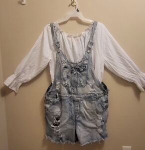 Distressed Denim Overalls with Off Shoulder White Blouse